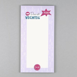 Könnte beinhalten: Ein lila Notizblock mit einem weißen Zentrum und einem rosa Stern mit dem Wort "YEAH" darauf. Der Notizblock hat einen Rand aus weißen Buchstaben und Zahlen. Der Text "Das ist WICHTIG" ist auf dem Notizblock gedruckt.