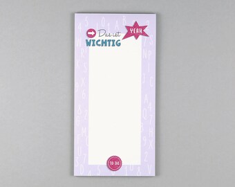 Notepad Din Lang - Lotta // 105 x 210 mm, recycled paper, to-do list, schoolchild, numbers, stamp optics, girls, children, note, pink, purple