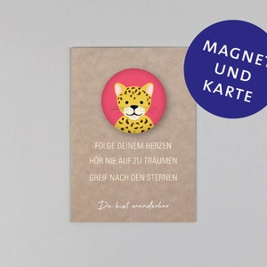 Postkarte, Holzschliffpappe, Magnet, Komplimente, Affirmation, Leopard // Set Magnet mit Postkarte - Du bist wunderbar