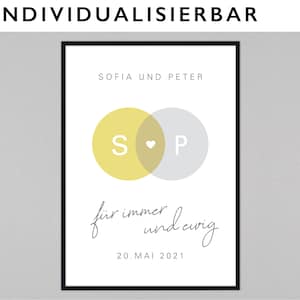 May include: A white printable poster with black text that reads "Sofia und Peter" and "für immer und ewig" with a date of "20. Mai 2021". The poster also features two overlapping circles, one yellow and one grey, with the letters "S" and "P" inside the circles.