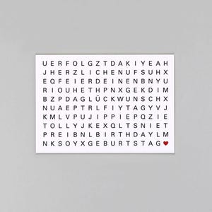 Postkarte, Holzschliffpappe, Glückwunschkarte, Wortsuchrätsel, Buchstabensalat // Grußkarte Ted Herz