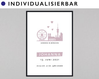 Könnte beinhalten: Ein weißes und rosafarbenes druckbares Poster mit einer Skyline von München, Deutschland. Das Poster sagt "Geboren in München" und enthält ein Riesenrad, Herzen und den Text "Johanna, 13. Juni 2021, 20:23 Uhr, 51 cm, 3480 Gramm".