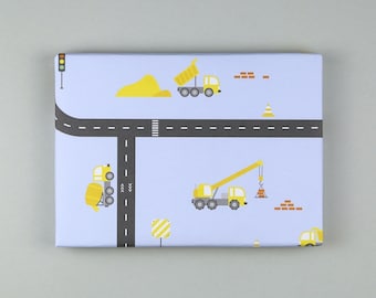 Papel de regalo, hoja, 50 x 70 cm, obra, vehículos, carretera, excavadora // Hoja de papel de regalo Bob