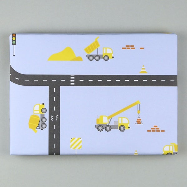 Geschenkpapier, Bogen, 50x70 cm, Baustelle, Fahrzeuge, Straße, Bagger // Geschenkpapierbogen Bob