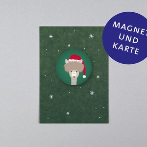 Postkarte, Holzschliffpappe, Magnet, Weihnachten, Alpaka, Weihnachtsmütze // Set Magnet mit Postkarte - Frohes Fest