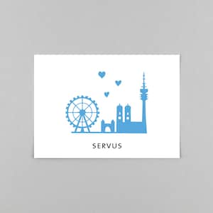 Postkarte, Grüße aus München Skyline, Frauendom, Servus // Postkarte Helmi München