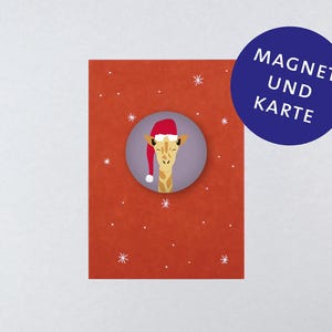 Postkarte, Holzschliffpappe, Magnet, Weihnachten, Giraffe Weihnachtsmütze // Set Magnet mit Postkarte - Von Herzen