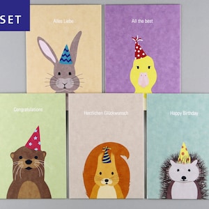5 x Postkarte, Holzschliffpappe, Set, Geburtstag, Birthday, Tiere mit Partyhut, Hase, Ente, Otter, Eichhörnchen, Igel // Gitte Set