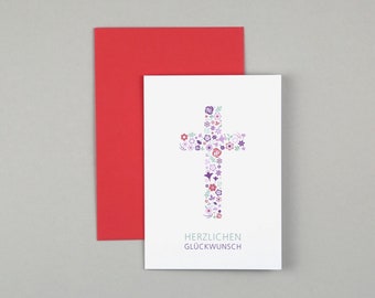 Greeting card, communion, confirmation, baptism, flower, cross, greeting card with envelope // Folding card Tabea