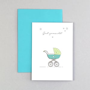 Geburtskarte, Glückwunschkarte, Kinderwagen, Grußkarte mit Umschlag // Klappkarte Ute Kinderwagen