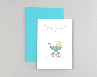 Geburtskarte, Glückwunschkarte, Kinderwagen, Grußkarte mit Umschlag // Klappkarte Ute Kinderwagen