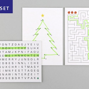 3 x Postkarte, Holzschliffpappe, Weihnachtskarte, Rätselkarte, Buchstabensalat //  Ted Set