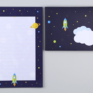 Briefpapier, Schulkind, erster Schultag, Weltall, Schreibblock mit Umschlag  // Briefpapier-Set Justus