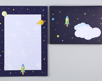 Papelería, escolar, primer día de colegio, espacio, bloc de notas con sobre // Set de papelería Justus