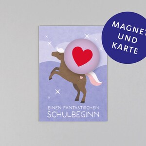 Postkarte, Holzschliffpappe, Magnet, Pferd, Herz, Einschulung // Set Magnet mit Postkarte - Lilly Herz
