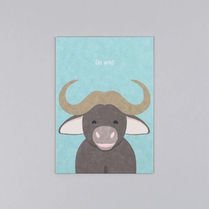 Postkarte, Holzschliffpappe, Geburtstag, Birthday, Tiere, Animal, Büffel, Big5, wild // Postkarte Gitte Büffel