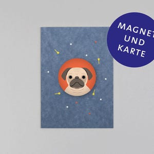 Postkarte, Holzschliffpappe, Magnet, Geburtstag, Mops, Hund // Set Magnet mit Postkarte - Wünsch dir was