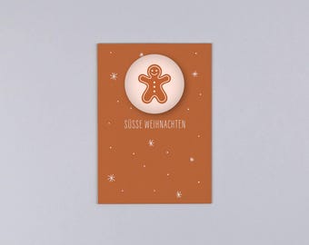 Postkarte, Holzschliffpappe, Magnet, Weihnachten, Pfefferkuchen, Gingerbread // Set Magnet mit Postkarte Mirjam Lebkuchenmann