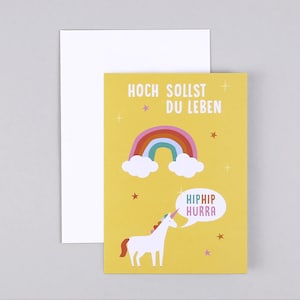 Glückwunschkarte, Geburtstag, Happy Birthday, Einhorn, Regenbogen, Grußkarte mit Umschlag // Klappkarte Paula