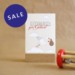 Postkarte zur Geburt, Glückwunsch, Klapperstorch, Baby // Postkarte Rudi