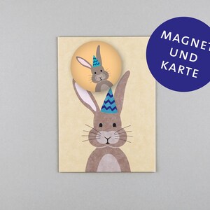 Postkarte, Holzschliffpappe, Magnet, Hase, Partyhase, Ostern // Set Magnet mit Postkarte Hase