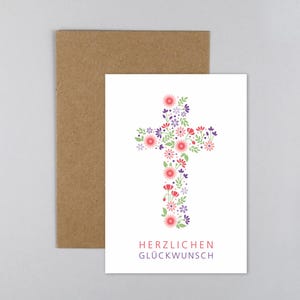 Glückwunschkarte, Kommunion, Konfirmation, Taufe, Blume, Kreuz, Grußkarte mit Umschlag // Klappkarte Tabea