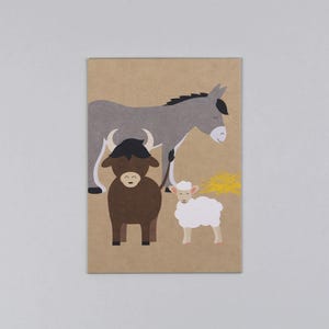 Postkarte, Holzschliffpappe, Weihnachtskarte, Ochs und Esel, Weihnachtsgeschichte // Postkarte Holzschliff Josef Stall