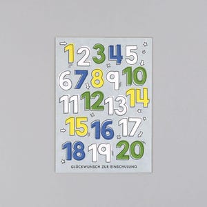 Postkarte zur Einschulung, Holzschliffpappe, Zahlen // Postkarte Flo 123