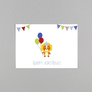 Postkarte zum Geburtstag, Happy Birthday, Löwe, Wimpelkette, Luftballon // Postkarte Max Löwe