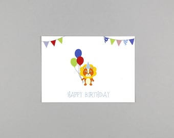 Postkarte zum Geburtstag, Happy Birthday, Löwe, Wimpelkette, Luftballon // Postkarte Max Löwe