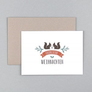 Weihnachtskarte, Frohe Weihnachten, Merry Christmas, Eichhörnchen, Zapfen, Grußkarte mit Umschlag // Klappkarte Theo