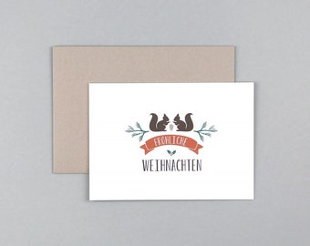 Christmas card, Merry Christmas, squirrel, cone, greeting card with envelope // Folding card Theo