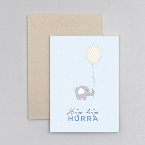 Geburtskarte, Glückwunschkarte, Elefant, Luftballon, Grußkarte mit Umschlag // Klappkarte Ben Elefant
