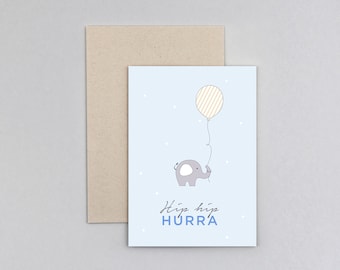 Geburtskarte, Glückwunschkarte, Elefant, Luftballon, Grußkarte mit Umschlag // Klappkarte Ben Elefant