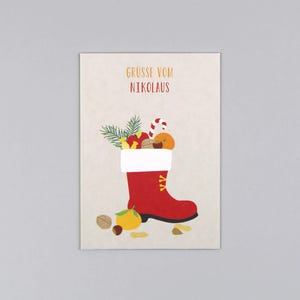 Postkarte, Holzschliffpappe, Weihnachten, Merry Christmas, Nikolausstiefel, Nüsse, Mandarine // Postkarte Walter Stiefel