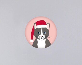 Magnet, Weihnachten, Christmas, Geschenk, Katze, Mütze, rund, Button // Magnet Gitte XMas Katze