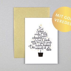 Weihnachtskarte, Frohe Weihnachten, Merry Christmas, Baum, Gold, Grußkarte mit Umschlag // Klappkarte Noel