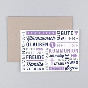 Kommunionskarte, Lettering, Grußkarte mit Umschlag // Klappkarte Lukas Lila