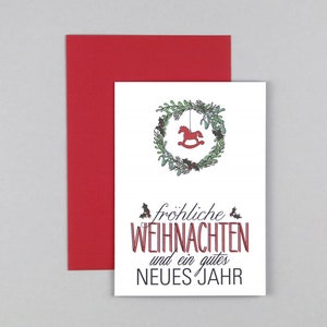 Weihnachtskarte, Frohe Weihnachten, Merry Christmas, Schaukelpferd, Grußkarte mit Umschlag // Klappkarte Linda