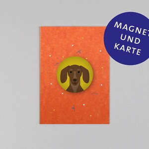 Postkarte, Holzschliffpappe, Magnet, Geburtstag, Dackel, Hund // Set Magnet mit Postkarte - Lass dich feiern