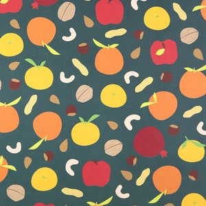 May include: A seamless pattern featuring a variety of fruits and nuts on a dark teal background. The pattern includes red apples, oranges, yellow mandarins, peanuts, and walnuts.