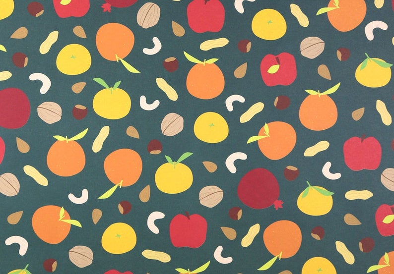 May include: A seamless pattern featuring a variety of fruits and nuts on a dark teal background. The pattern includes red apples, oranges, yellow mandarins, peanuts, and walnuts.