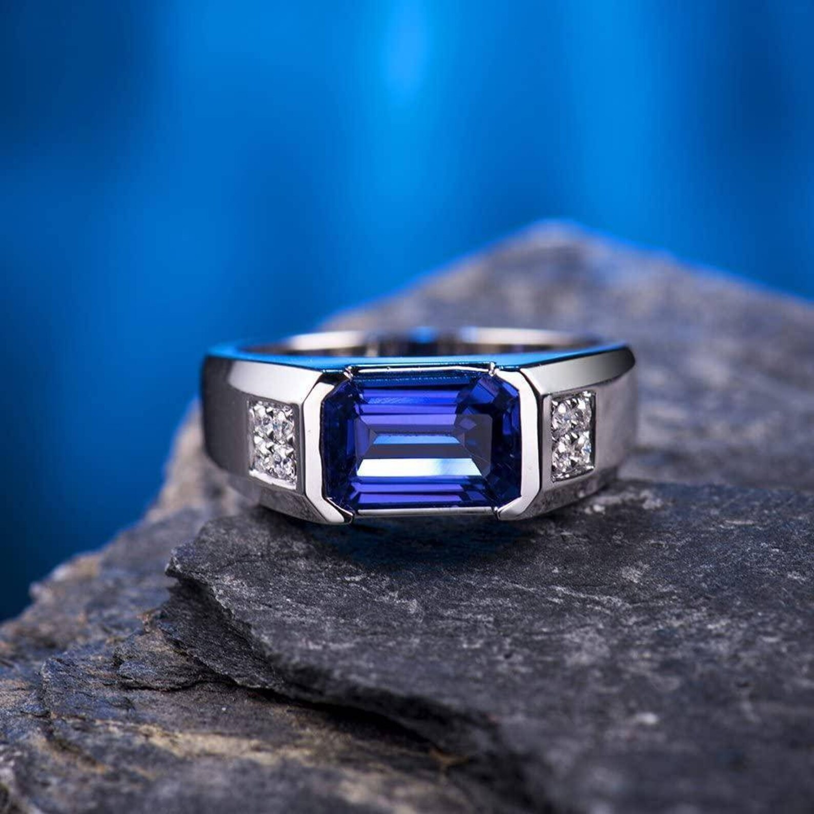 3.76 Ct Emerald Cut Tanzanite & Diamond Men's Ring 14k Etsy