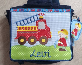 Nursery bag Child backpack with fire brigade fire truck with name for boys