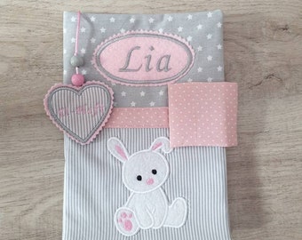 U booklet sleeve rabbit with name for girls light grey pink