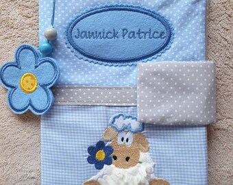 U- Heft Hülle, U-Hefthülle Schaf beige hellblau für Jungs Baby Geburt Umschlag Hülle für U- Heft mit Name Schaf