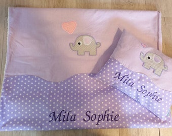 Baby blanket and pillow with name embroidered elephant purple lilac stars