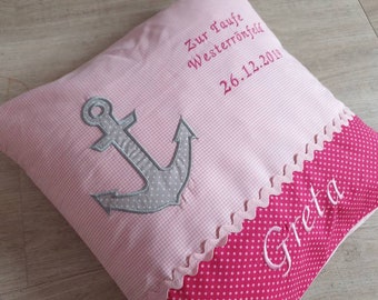 Taufkissen,Gebetskissen mit Anker rosa pink grau Mädchen mit Name, Spruch oder Geburtsdaten