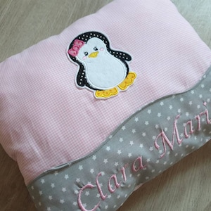 Cuddly pillow, children&#39;s pillow, baby pillow penguin with name pink grey
