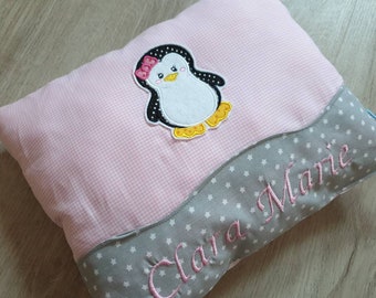 Cuddly pillow, children's pillow, baby pillow penguin with name pink grey